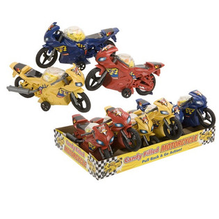 Spielzeug-Motorr&auml;der gef&uuml;llt mit S&uuml;&szlig;igkeiten im Display (6 Stk.)