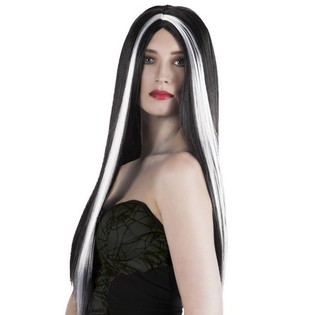 Per&uuml;cke - lange schwarze Haare mit wei&szlig;en Akzenten (1P.)