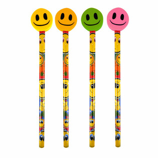 Fr&ouml;hlicher Smiley-Bleistift mit Radiergummi (24 St&uuml;ck)